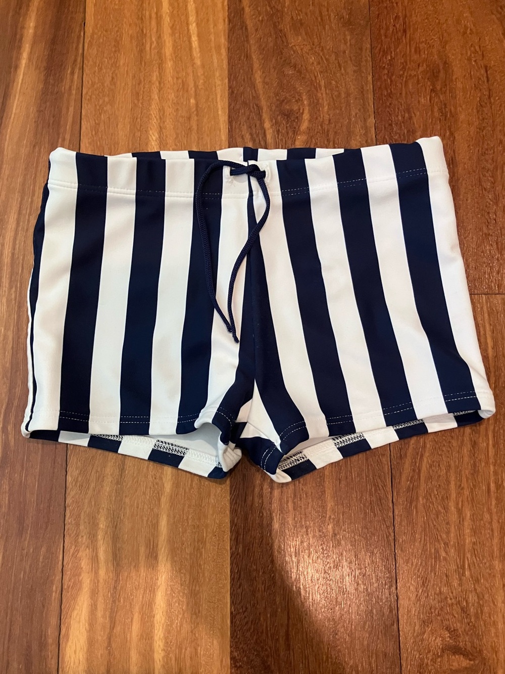 Navy & White Striped Kids Swim Trunks